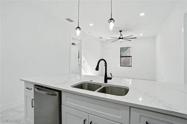 4881/4883 Leonard Blvd S, Lehigh Acres, FL 33973 - kitchen with dishwasher, light stone countertops, a ceiling fan, recessed lighting, and hanging light fixtures