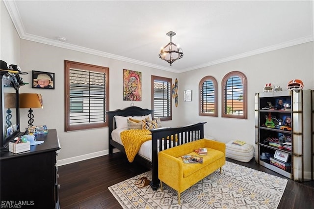 23056 Sanabria Loop, Bonita Springs, FL 34135 - bedroom with ornamental molding, a chandelier, and dark wood-type flooring