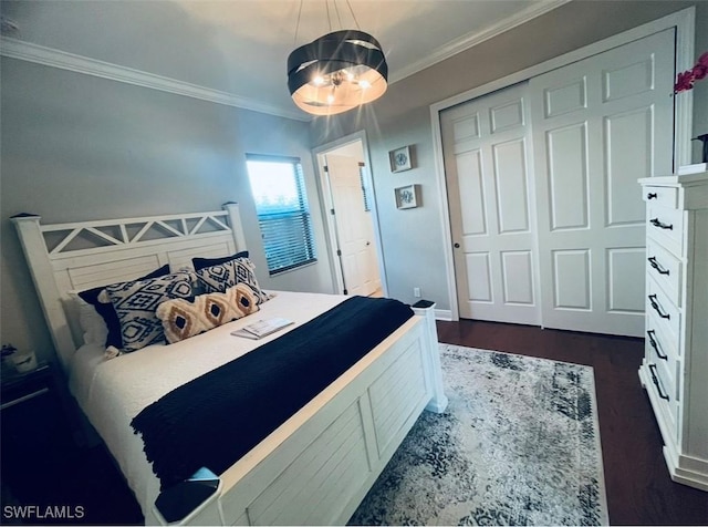 23056 Sanabria Loop, Bonita Springs, FL 34135 - bedroom featuring dark wood-type flooring, crown molding, a chandelier, and a closet
