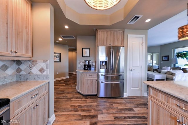 4182 Bay Beach Ln Unit 746, Fort Myers Beach, FL 33931 - kitchen with stainless steel fridge, light brown cabinets, dark wood finished floors, tasteful backsplash, and recessed lighting