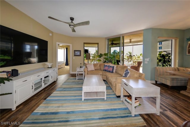 4182 Bay Beach Ln Unit 746, Fort Myers Beach, FL 33931 - living area with ceiling fan and dark wood finished floors