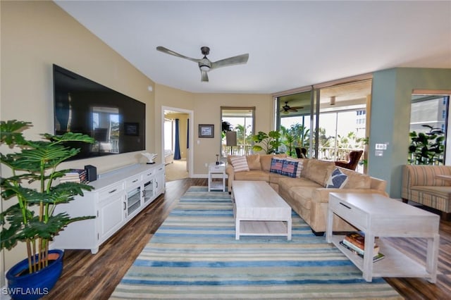 4182 Bay Beach Ln Unit 746, Fort Myers Beach, FL 33931 - living room with ceiling fan and dark wood-style flooring