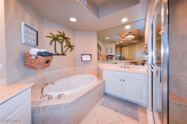 4182 Bay Beach Ln Unit 746, Fort Myers Beach, FL 33931 - bathroom with vanity, a garden tub, tile patterned floors, recessed lighting, and a stall shower
