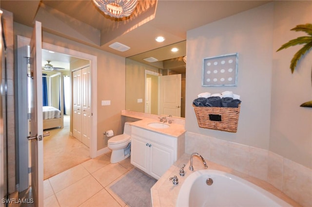 4182 Bay Beach Ln Unit 746, Fort Myers Beach, FL 33931 - ensuite bathroom featuring a bath, vanity, tile patterned floors, ceiling fan, and recessed lighting