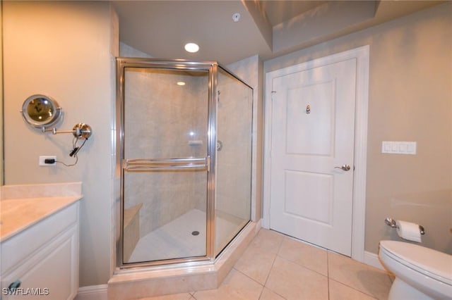 4182 Bay Beach Ln Unit 746, Fort Myers Beach, FL 33931 - bathroom featuring tile patterned floors, a shower stall, vanity, and recessed lighting