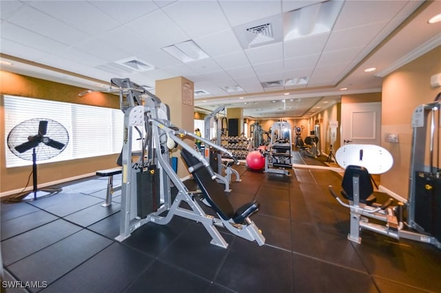 4182 Bay Beach Ln Unit 746, Fort Myers Beach, FL 33931 - gym with ornamental molding and a paneled ceiling
