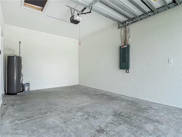 3705 8th St SW, Lehigh Acres, FL 33976 - garage with water heater, electric panel, a textured wall, and a garage door opener