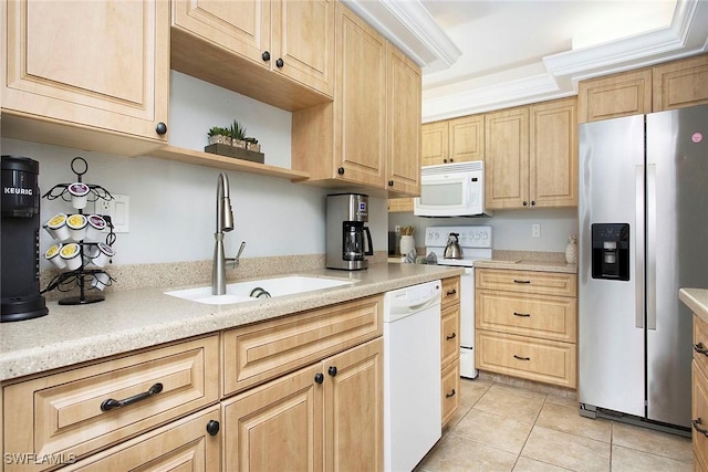 440 Seaview Ct Unit 1106, Marco Island, FL 34145 - kitchen featuring white appliances, light brown cabinetry, light tile patterned floors, and open shelves