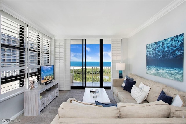 440 Seaview Ct Unit 1106, Marco Island, FL 34145 - carpeted living area featuring crown molding and a wall of windows