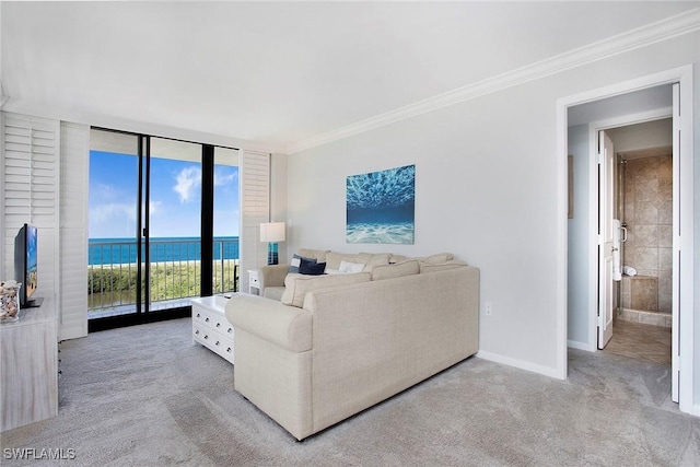 440 Seaview Ct Unit 1106, Marco Island, FL 34145 - living room featuring light colored carpet, a water view, crown molding, and a wall of windows