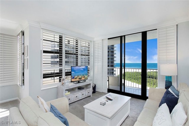 440 Seaview Ct Unit 1106, Marco Island, FL 34145 - living room with carpet, a wall of windows, and crown molding