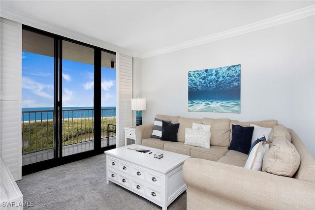 440 Seaview Ct Unit 1106, Marco Island, FL 34145 - living room with a water view, floor to ceiling windows, crown molding, and light colored carpet
