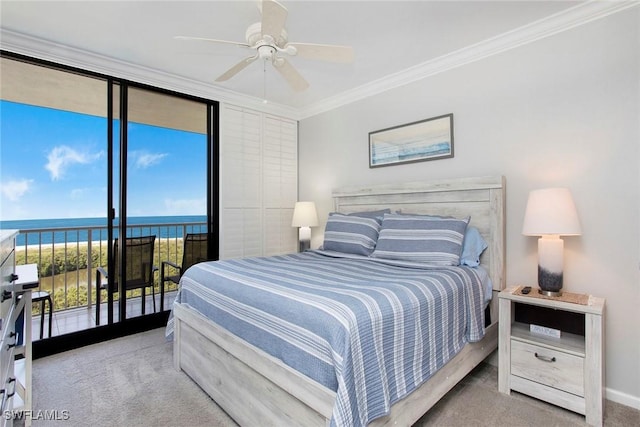 440 Seaview Ct Unit 1106, Marco Island, FL 34145 - bedroom featuring carpet flooring, access to exterior, crown molding, a water view, and a ceiling fan