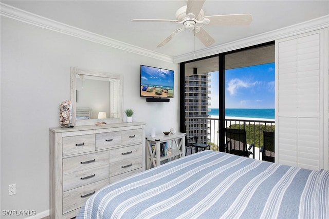 440 Seaview Ct Unit 1106, Marco Island, FL 34145 - bedroom featuring access to exterior, floor to ceiling windows, ornamental molding, and ceiling fan
