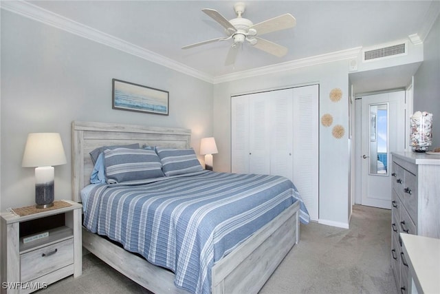 440 Seaview Ct Unit 1106, Marco Island, FL 34145 - bedroom featuring light carpet, a closet, crown molding, and ceiling fan