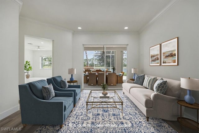 1087 Port Orange Way, Naples, FL 34120 - living area with wood finished floors, ornamental molding, and recessed lighting