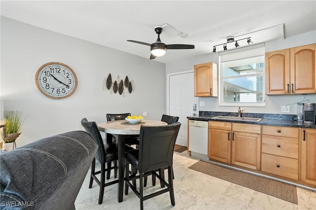 5600 Bonita Beach Rd Unit 4-605, Bonita Springs, FL 34134 - kitchen featuring dishwasher, light marble finish flooring, dark countertops, and a ceiling fan
