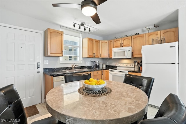 5600 Bonita Beach Rd Unit 4-605, Bonita Springs, FL 34134 - kitchen with white appliances, light brown cabinets, a ceiling fan, and dark countertops
