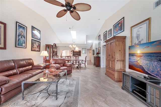 866 Marblehead Dr Unit H6, Naples, FL 34104 - living area featuring a chandelier, a ceiling fan, and high vaulted ceiling
