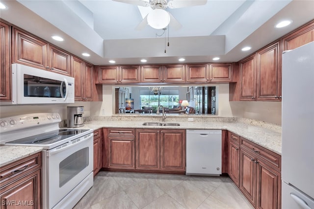 866 Marblehead Dr Unit H6, Naples, FL 34104 - kitchen featuring white appliances, recessed lighting, a ceiling fan, and brown cabinetry