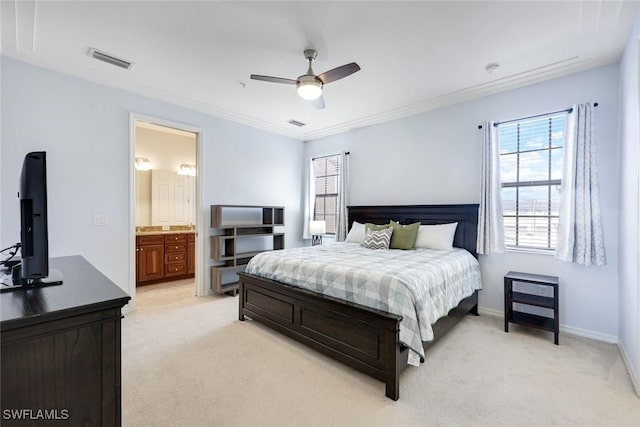 11758 Izarra Way Unit 7703, Fort Myers, FL 33912 - bedroom featuring light carpet, ornamental molding, a ceiling fan, and ensuite bathroom