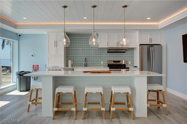 25710 Hickory Blvd Unit A 202, Bonita Springs, FL 34134 - kitchen featuring light countertops, white cabinetry, stainless steel appliances, a breakfast bar, and wooden ceiling