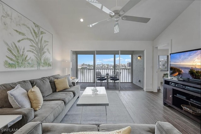 10682 Gulf Shore Dr Unit C302, Naples, FL 34108 - living room with high vaulted ceiling, wood finished floors, a ceiling fan, and recessed lighting