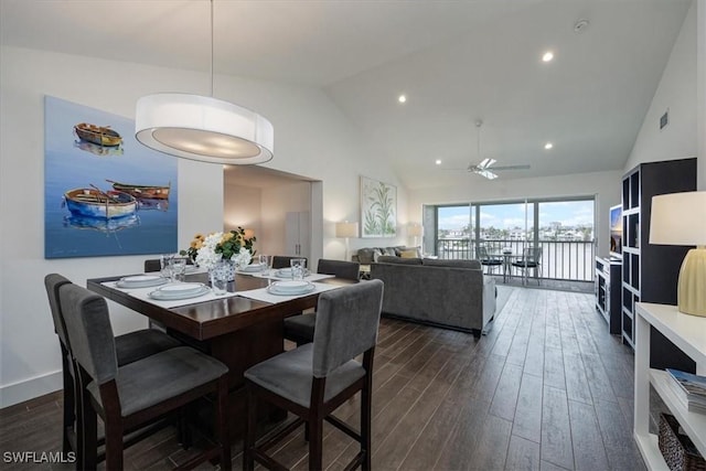 10682 Gulf Shore Dr Unit C302, Naples, FL 34108 - dining area with dark wood-style floors, high vaulted ceiling, ceiling fan, and recessed lighting