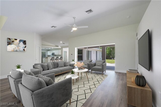 2790 Randall Blvd, Naples, FL 34120 - living area featuring wood finished floors, ceiling fan, and vaulted ceiling