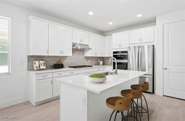 44304 Panther Dr, Punta Gorda, FL 33982 - kitchen with appliances with stainless steel finishes, under cabinet range hood, light wood finished floors, light countertops, and recessed lighting