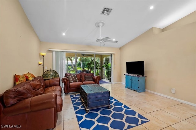 873 Spaulding St E, Lehigh Acres, FL 33974 - living area with vaulted ceiling, light tile patterned floors, ceiling fan, and recessed lighting