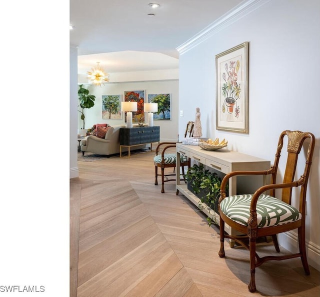 8440 Abbington Cir Unit D22, Naples, FL 34108 - hallway featuring crown molding and a chandelier