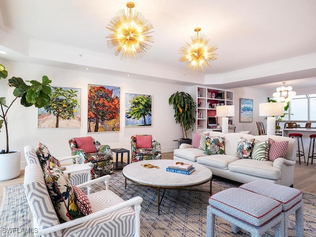 8440 Abbington Cir Unit D22, Naples, FL 34108 - living room with a chandelier, wood finished floors, crown molding, a tray ceiling, and recessed lighting