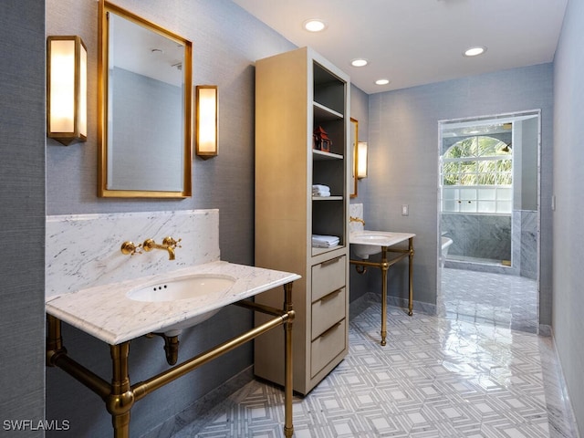 8440 Abbington Cir Unit D22, Naples, FL 34108 - bathroom with a freestanding bath, recessed lighting, and tile patterned floors