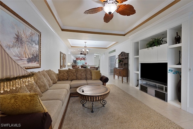 4844 Hampshire Ct Unit 305, Naples, FL 34112 - tiled living area featuring ornamental molding, a raised ceiling, a chandelier, ceiling fan, and built in features