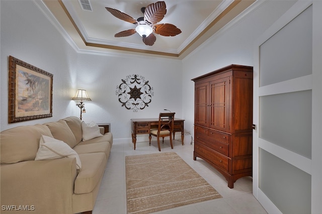 4844 Hampshire Ct Unit 305, Naples, FL 34112 - living room featuring ornamental molding, ceiling fan, light tile patterned floors, and a raised ceiling