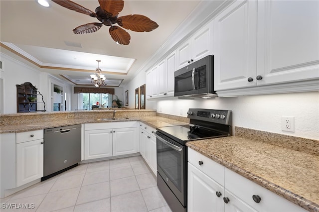 4844 Hampshire Ct Unit 305, Naples, FL 34112 - kitchen featuring dishwasher, range with electric stovetop, a raised ceiling, a chandelier, and crown molding