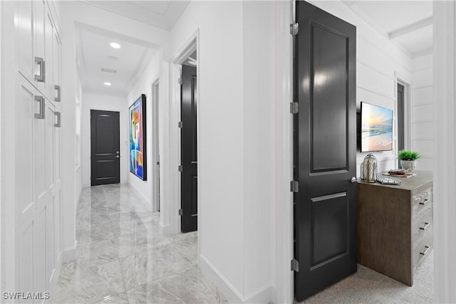 28617 Sicily Loop, Bonita Springs, FL 34135 - corridor featuring light marble finish floors, recessed lighting, and crown molding
