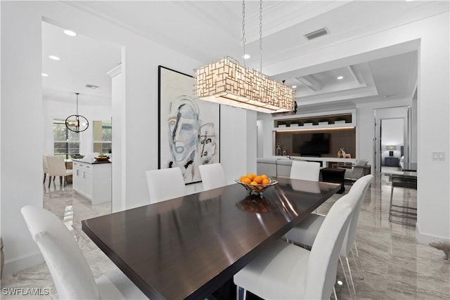 28617 Sicily Loop, Bonita Springs, FL 34135 - dining room with light marble finish flooring, a chandelier, recessed lighting, ornamental molding, and a raised ceiling