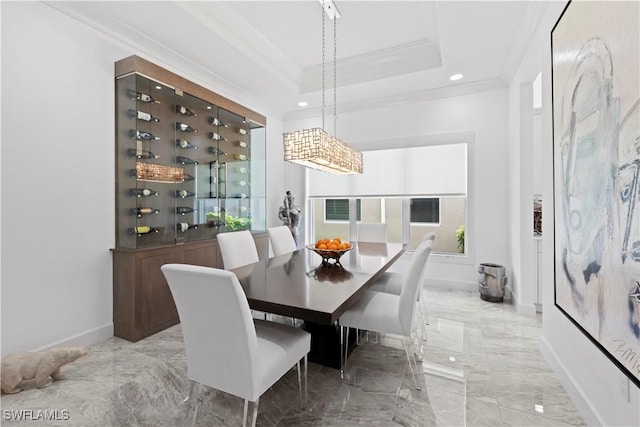 28617 Sicily Loop, Bonita Springs, FL 34135 - dining space with light marble finish floors, ornamental molding, recessed lighting, and a tray ceiling