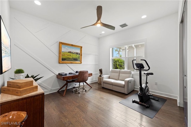 28617 Sicily Loop, Bonita Springs, FL 34135 - exercise room with dark wood-style flooring, ceiling fan, and recessed lighting