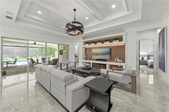 28617 Sicily Loop, Bonita Springs, FL 34135 - living room featuring light marble finish flooring, a sunroom, recessed lighting, a tray ceiling, and ceiling fan