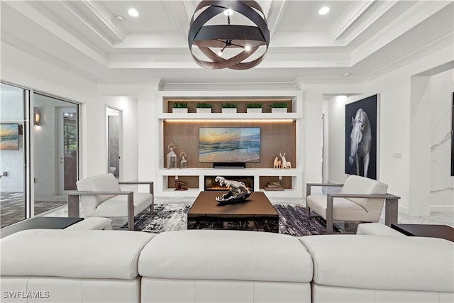 28617 Sicily Loop, Bonita Springs, FL 34135 - living area with recessed lighting, crown molding, a chandelier, and a raised ceiling