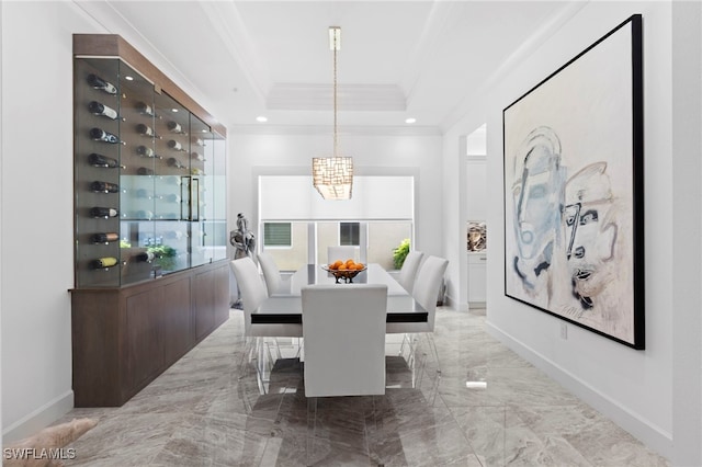 28617 Sicily Loop, Bonita Springs, FL 34135 - dining space with ornamental molding, a chandelier, marble tiled flooring, a raised ceiling, and recessed lighting