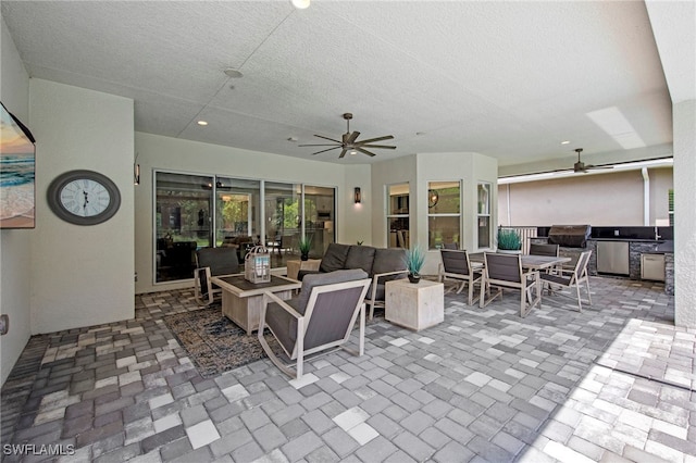 28617 Sicily Loop, Bonita Springs, FL 34135 - view of patio / terrace with outdoor dining area, ceiling fan, an outdoor living space, and grilling area
