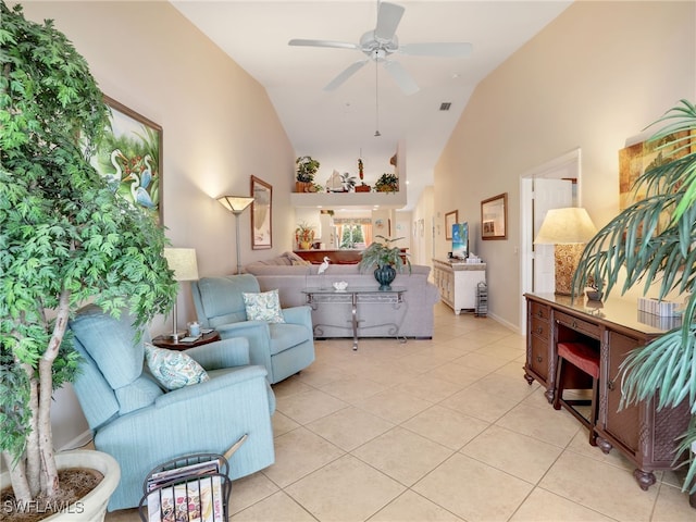 6790 Beach Resort Dr Unit 14, Naples, FL 34114 - living area featuring light tile patterned flooring, ceiling fan, and high vaulted ceiling