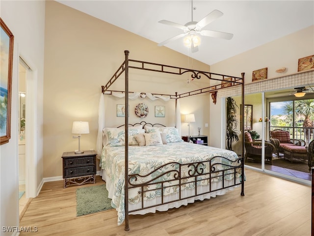 6790 Beach Resort Dr Unit 14, Naples, FL 34114 - bedroom featuring wood finished floors, access to outside, high vaulted ceiling, and ceiling fan