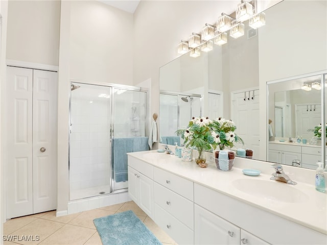 6790 Beach Resort Dr Unit 14, Naples, FL 34114 - full bath with double vanity, tile patterned flooring, a closet, a shower stall, and a high ceiling