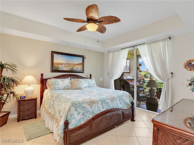 6790 Beach Resort Dr Unit 13, Naples, FL 34114 - bedroom featuring access to outside, light tile patterned floors, a ceiling fan, and a tray ceiling