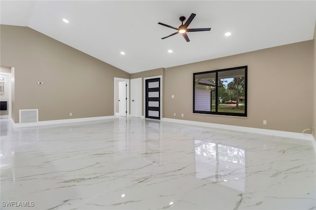431 1st St NW, Naples, FL 34120 - unfurnished living room with vaulted ceiling, recessed lighting, light marble finish flooring, and a ceiling fan